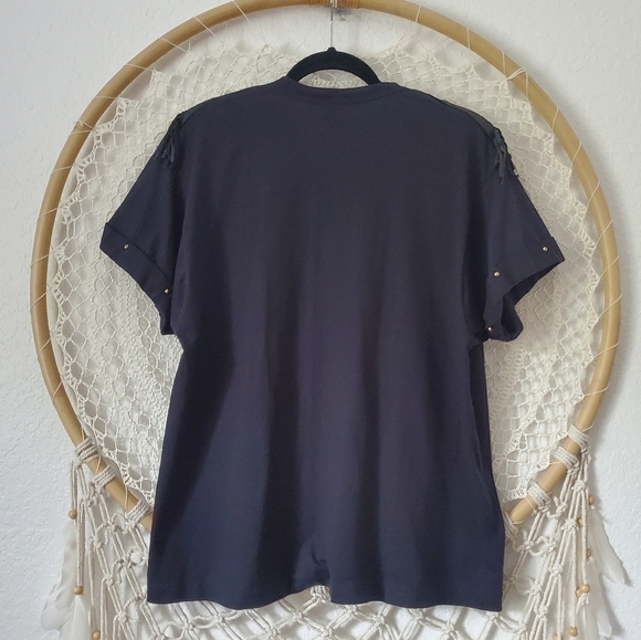 Vintage 80s V-Neck Short Sleeve Boho Western Jeweled Fringe Womens Black Top O/S - Picture 2 of 7